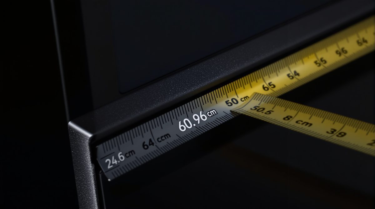 Detailaufnahme eines 24 Zoll Monitors mit Maßband – Bildschirmdiagonale 60,96 cm