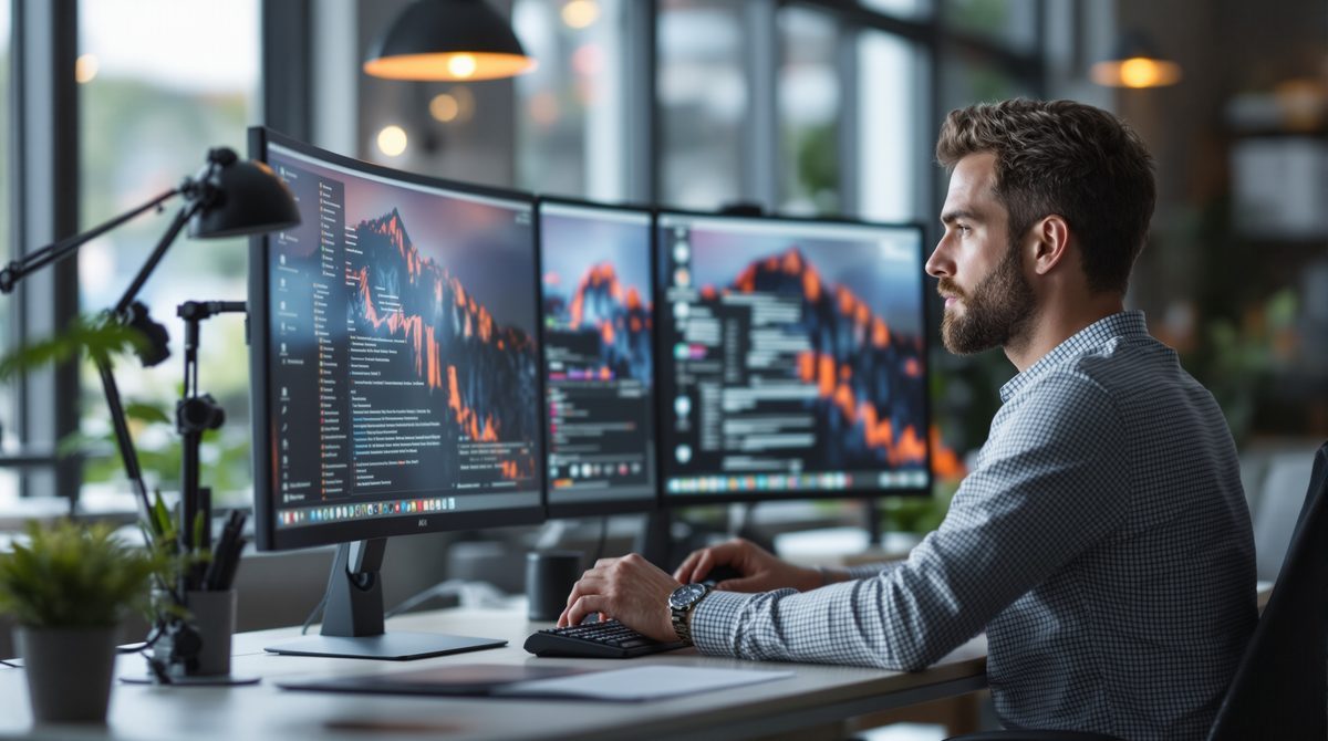 Vergleich 24 Zoll Monitor neben 27 Zoll Monitor am Arbeitsplatz