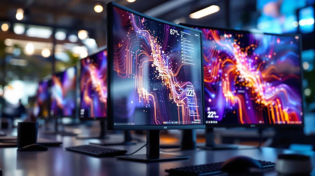 Verschiedene Monitorgrößen 24, 27 und 32 Zoll im direkten Vergleich nebeneinander