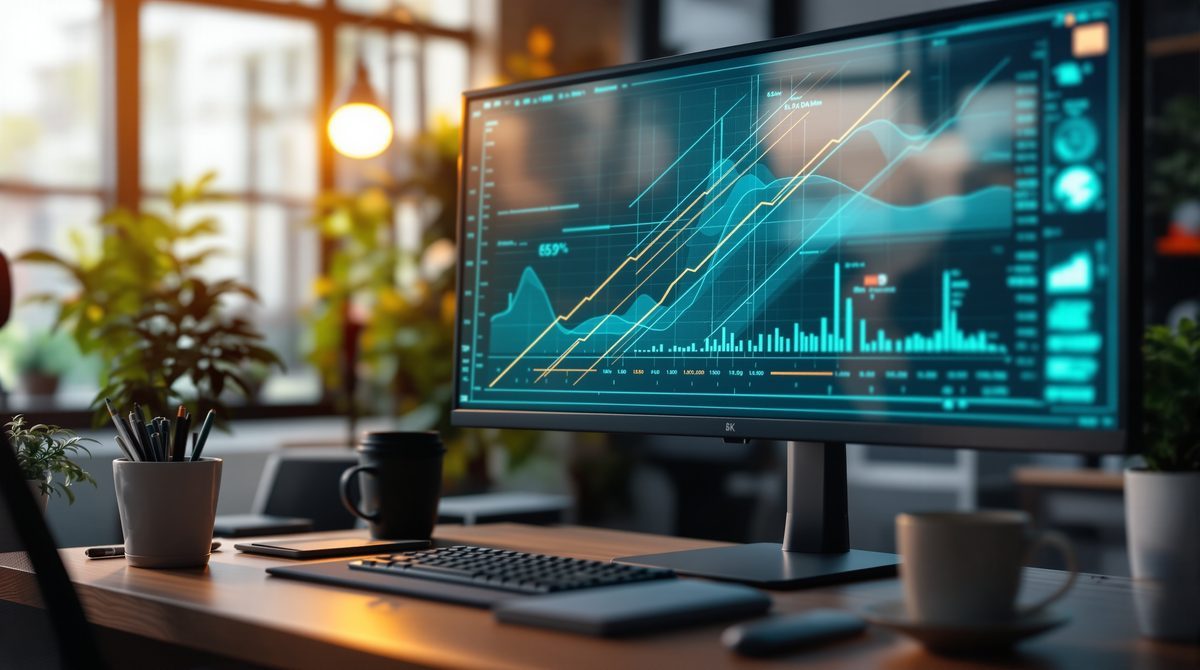 Ergonomischer Arbeitsplatz mit großem Widescreen-Monitor und eingeblendeten Diagnosemaßen