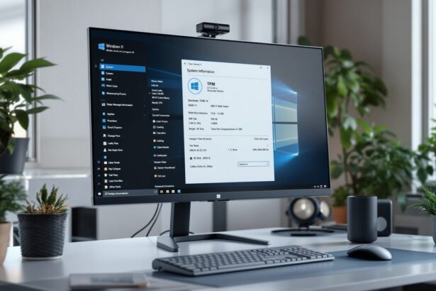 Windows 11 Systemanforderungen – PC-Setup mit Systeminformationen auf dem Monitor