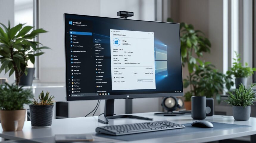 Windows 11 Systemanforderungen – PC-Setup mit Systeminformationen auf dem Monitor