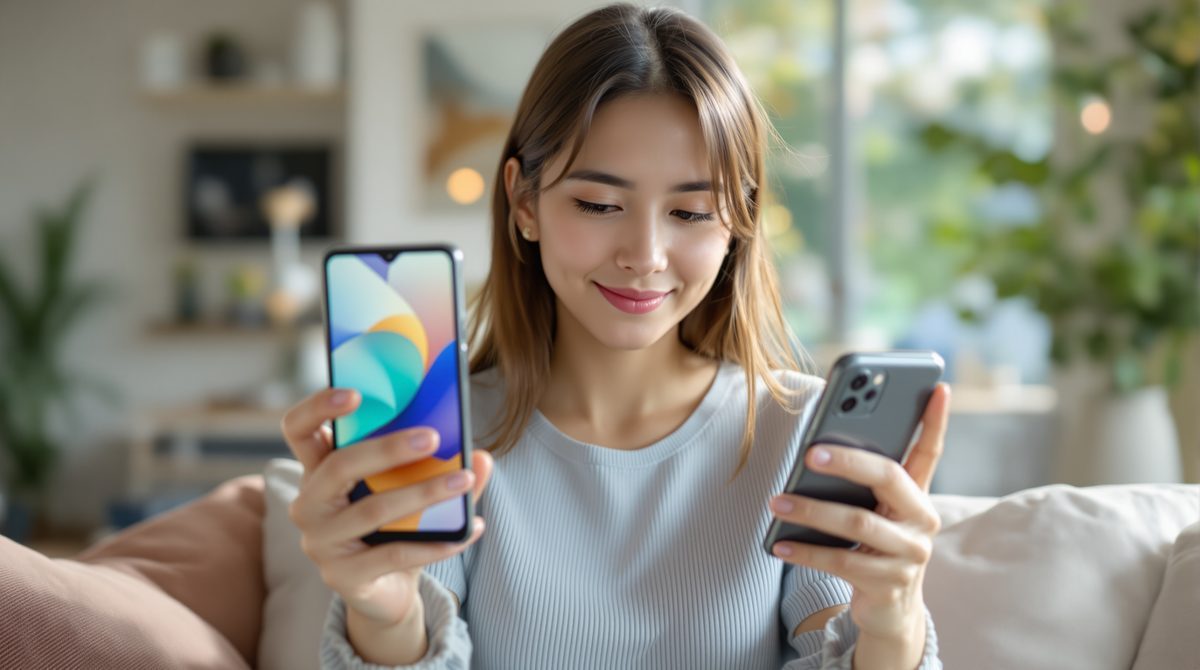 Frau vergleicht zwei Smartphones – Xiaomi Handy im direkten Gegenüberstellung