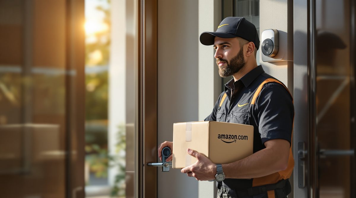 Amazon-Zusteller in Uniform klingelt an einer Haustür mit Paket in Deutschland