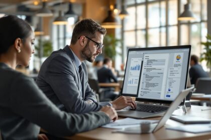 Business-Team im modernen Büro arbeitet mit digitalen Vorlagen auf Laptops und Tablets