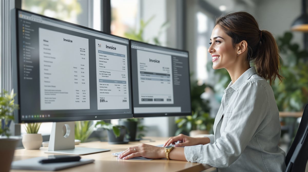 Geschäftsfrau am Stehschreibtisch prüft digitale Rechnungsvorlage auf Doppelmonitor