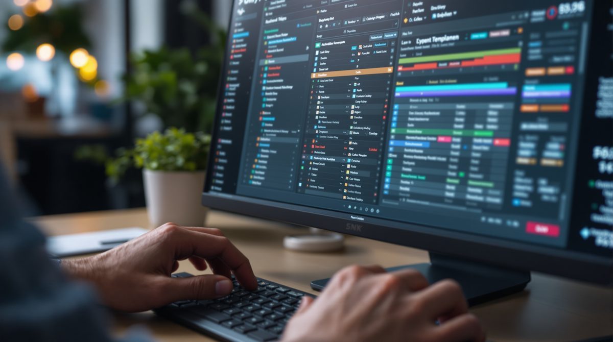 Nahaufnahme Hände auf Tastatur mit digitalem Template-Interface auf Bildschirm
