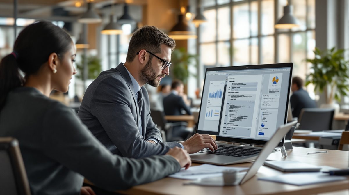 Business-Team im modernen Büro arbeitet mit digitalen Vorlagen auf Laptops und Tablets