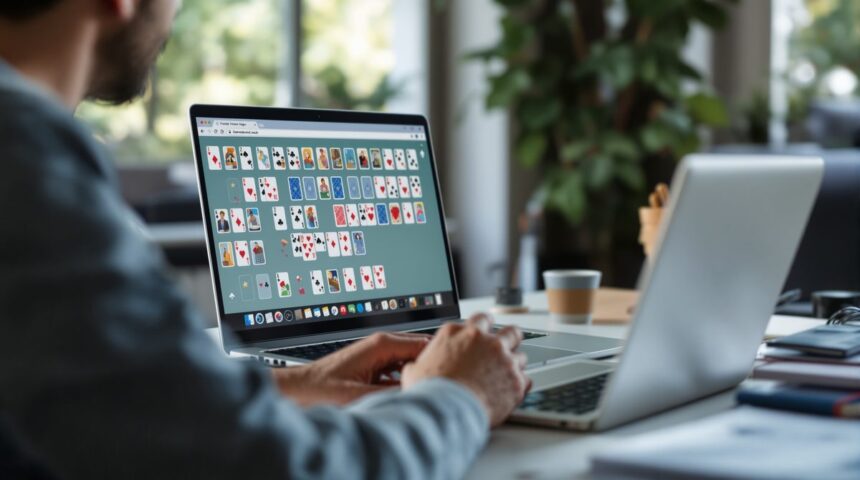 Person spielt das Gedächtnisspiel von Google am Laptop im Homeoffice