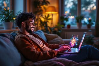 Person nutzt KI-Anwendungen für die Freizeit auf einem Laptop im gemütlichen Wohnzimmer