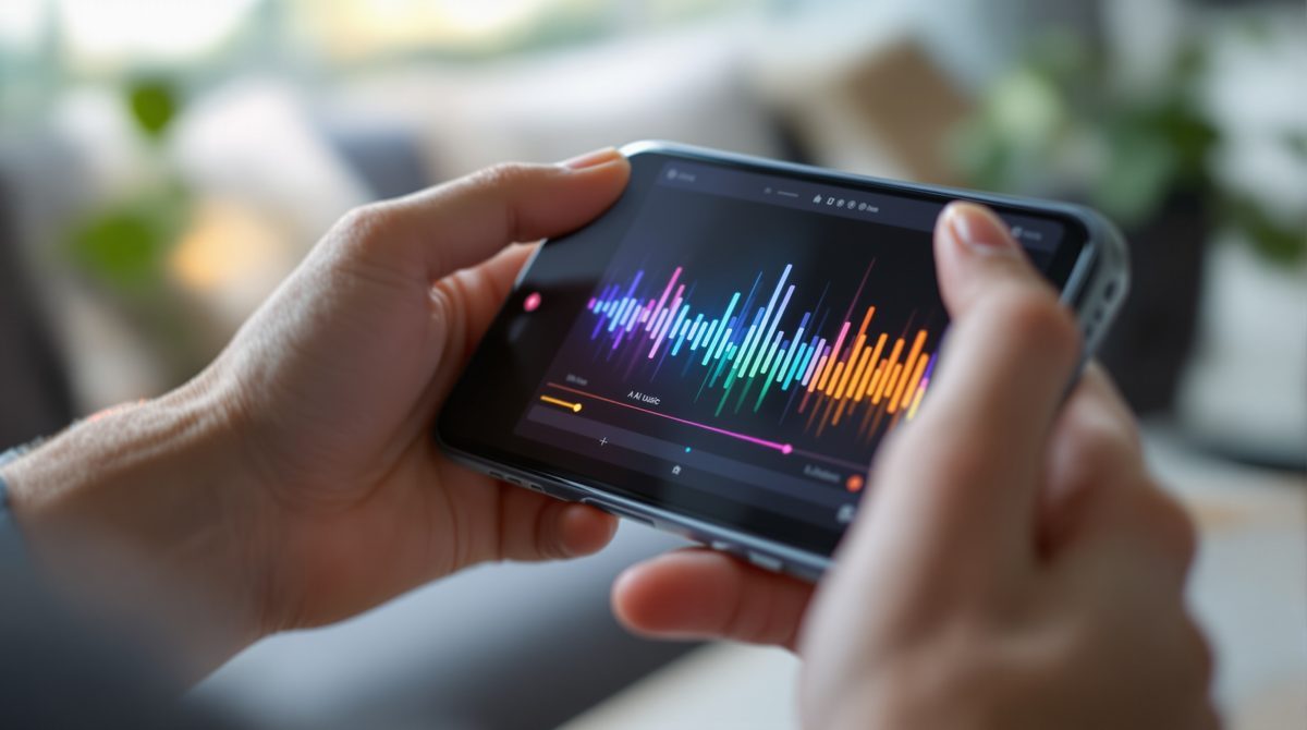KI-Musik-App auf Smartphone mit bunter Wellenform-Visualisierung in modernem Heimumfeld