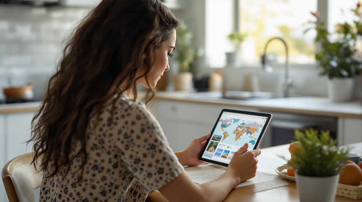 Frau plant Urlaubsreise mit KI-Reiseplaner-App auf einem Tablet am Küchentisch