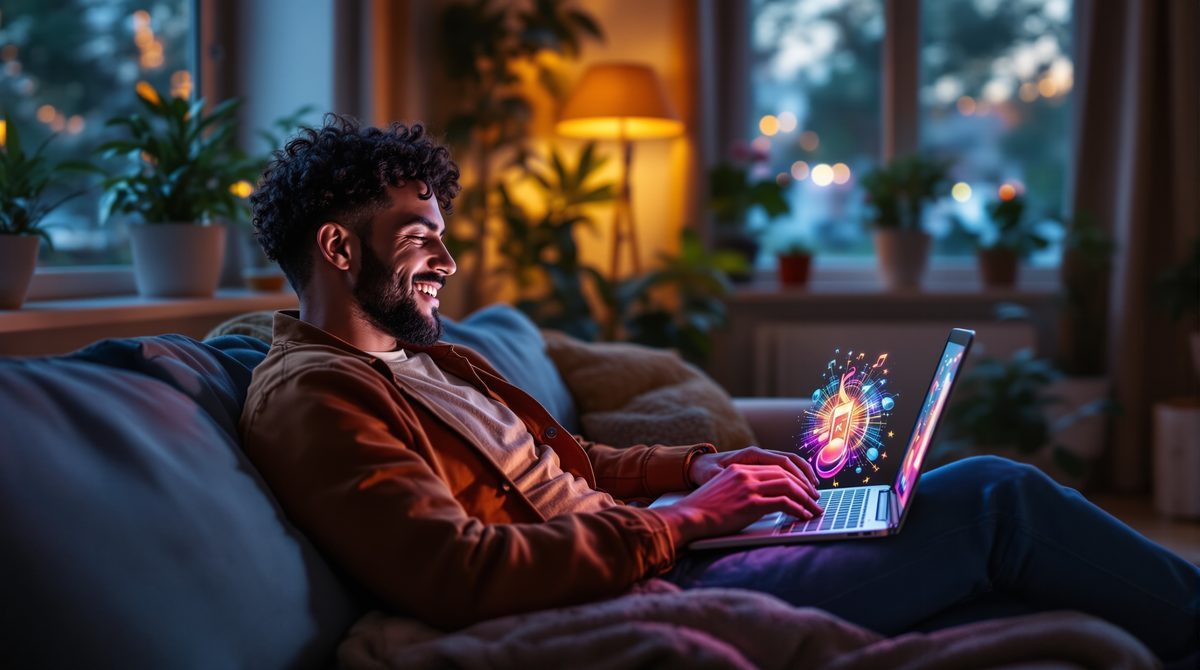 Person nutzt KI-Anwendungen für die Freizeit auf einem Laptop im gemütlichen Wohnzimmer