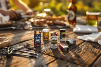 Mehrere bedruckte Feuerzeuge auf einem Holztisch beim Sommergrillen – Werbemittel für Grill-Events
