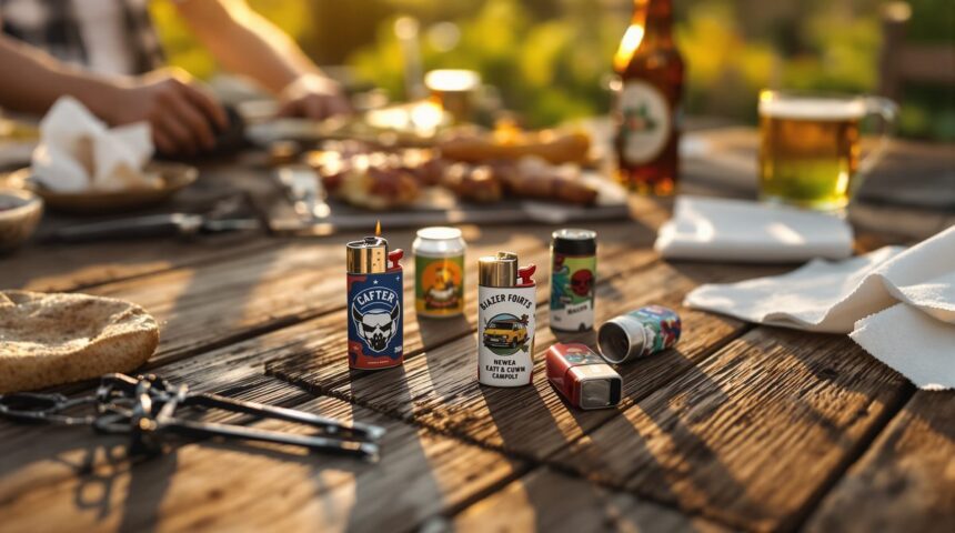 Mehrere bedruckte Feuerzeuge auf einem Holztisch beim Sommergrillen – Werbemittel für Grill-Events