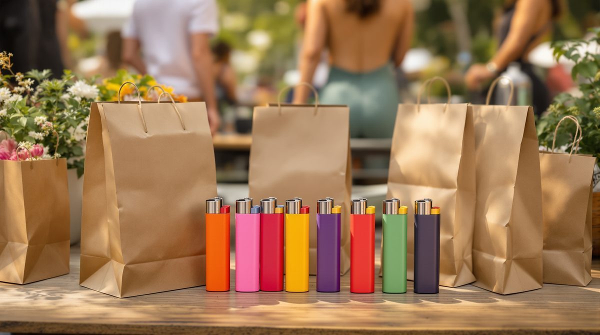 Nachfüllbare Feuerzeuge in verschiedenen Farben als Gastgeschenke bei einem Outdoor-Event