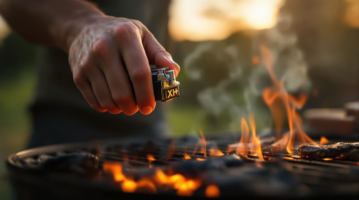 Hand zündet bedrucktes Feuerzeug am Außengrill an