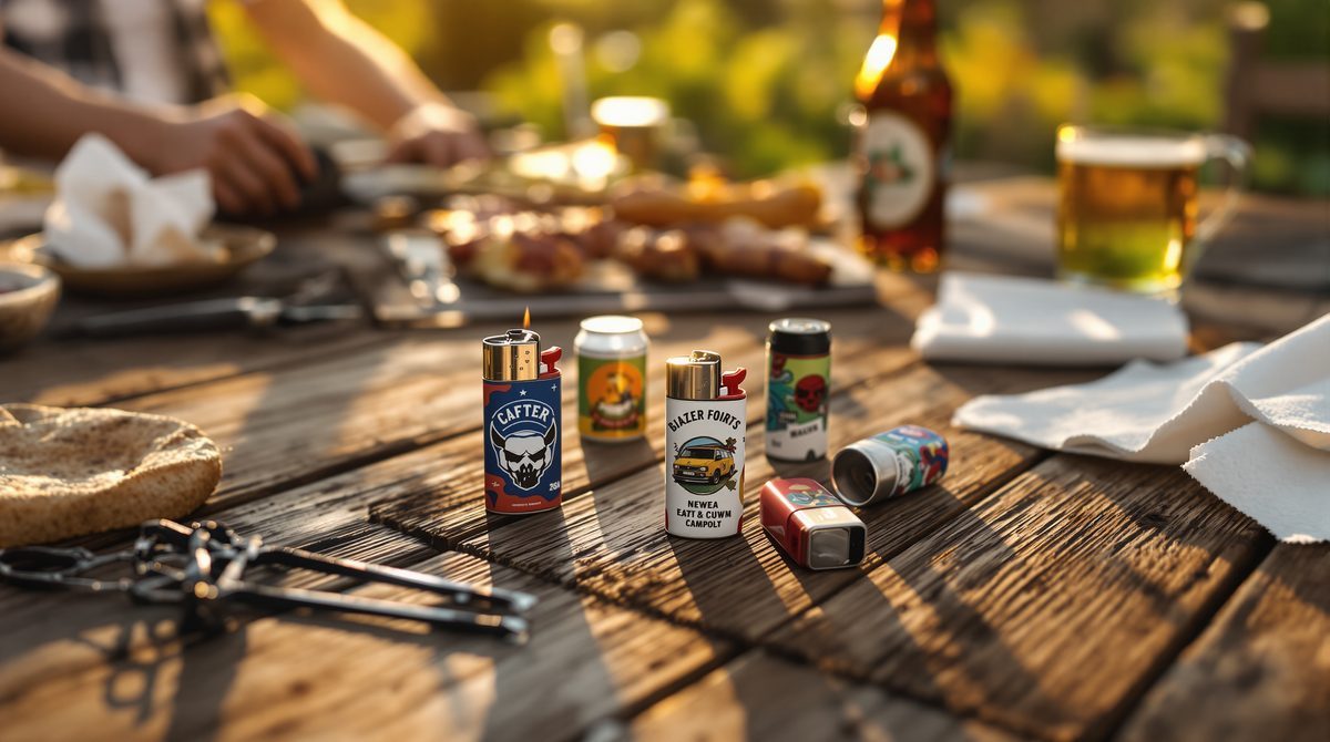 Mehrere bedruckte Feuerzeuge auf einem Holztisch beim Sommergrillen – Werbemittel für Grill-Events