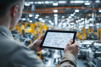 Angebotskonfigurator Industrie: Techniker prüft digitale Produktdaten in einer modernen Fertigungshalle