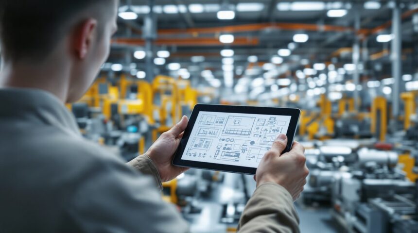 Angebotskonfigurator Industrie: Techniker prüft digitale Produktdaten in einer modernen Fertigungshalle