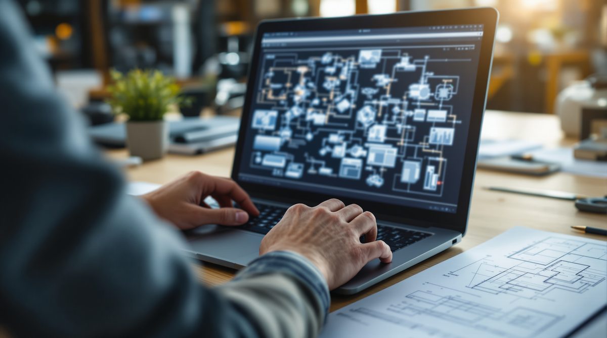Technische Unterlagen und Laptop auf einem Schreibtisch im industriellen Engineering-Büro